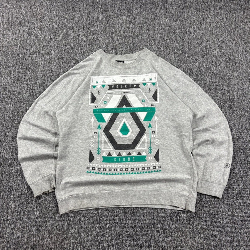 Skater Y2K Baggy Volcom Geometric Graphic Heavyweight Sweatshirt Gray Large
